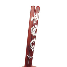 Load image into Gallery viewer, Detail image of dragon artwork on Redheart red Chopsticks