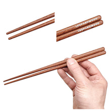 Load image into Gallery viewer, Rare Leopardwood Chopsticks 3 image showcase woodgrain. Custom personalized engraving shown