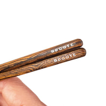 Load image into Gallery viewer, Bocote Wood Chopsticks end woodgrain. Custom personalized engraving shown