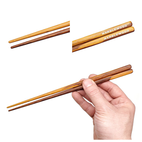 Rare Marblewood Chopsticks three image showcase woodgrain. Custom personalized engraving shown