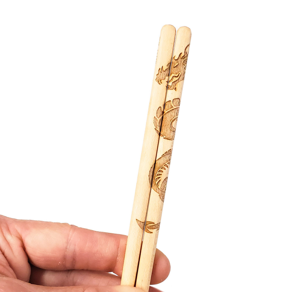 Dragon Engraving Maple Chopsticks detail end. Custom Personalized engraving not shown