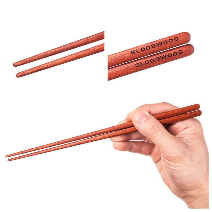 Red Bloodwood Chopsticks 3 image showcase woodgrain. Custom personalized engraving shown