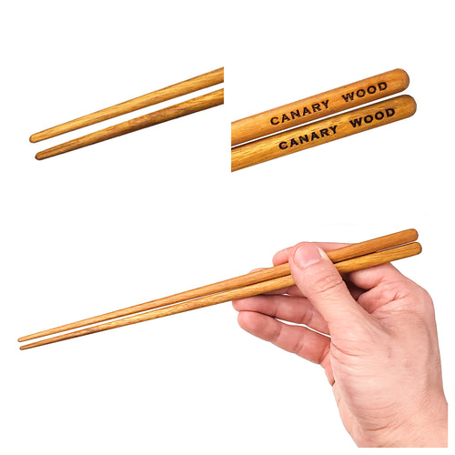 Canary Wood Yellow Chopsticks 3 image showcase woodgrain. Custom personalized engraving shown