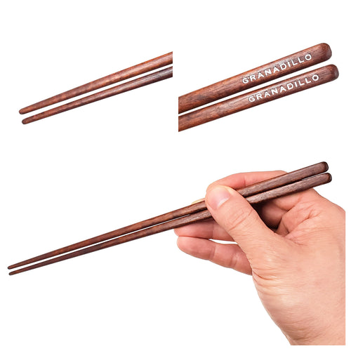 Granadillo Brown wood Chopsticks three image showcase. Custom personalized engraving shown