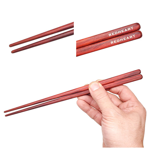 Redheart Red Wood Chopsticks showcase woodgrain. Custom personalized engraving shown