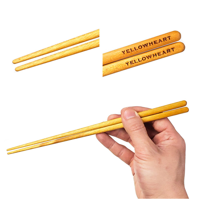 Yellowheart Yellow Wood Chopsticks 3 image showcase woodgrain. Custom personalized engraving shown